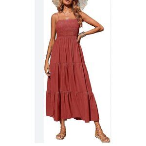Womens Boho Smocked Sleeveless Tiered Maxi Dress Rust Size S Casual Summer